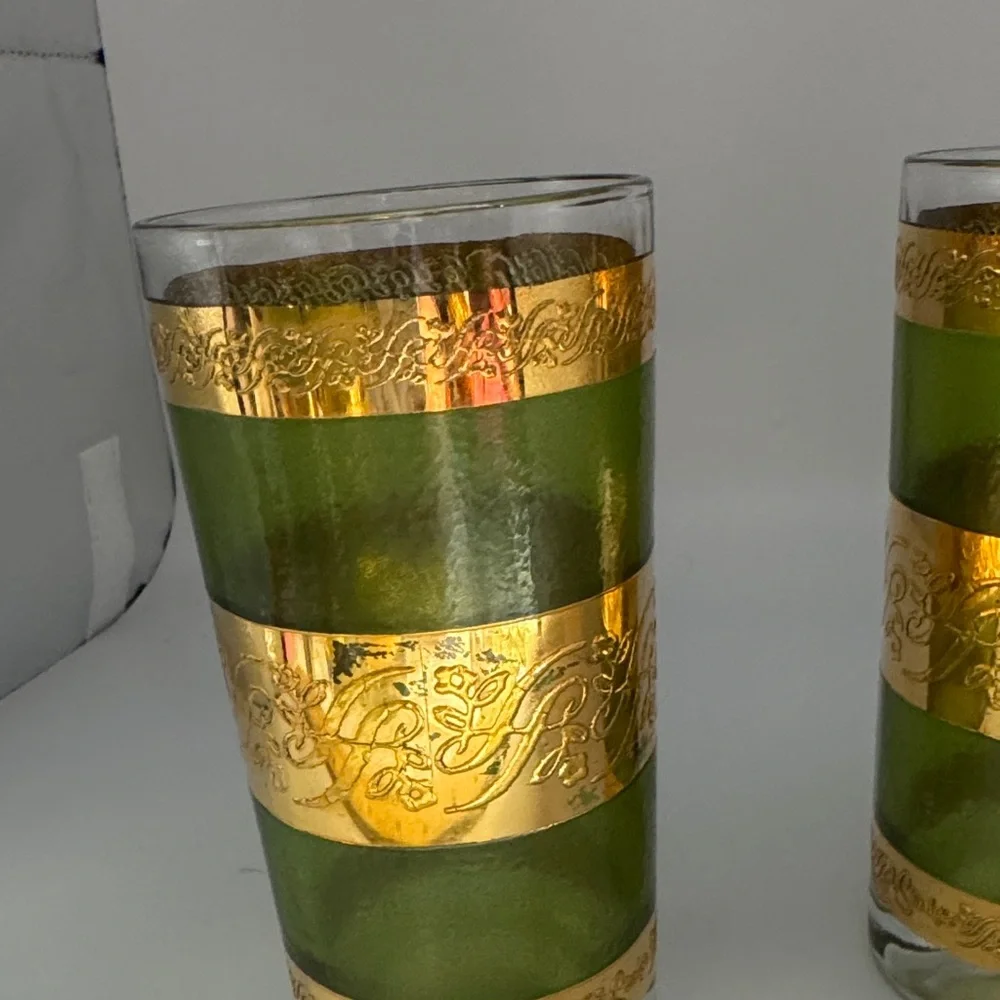 MCM Style Green and Gold Decal/Scroll Highball Glasses - Picture 2 of 6